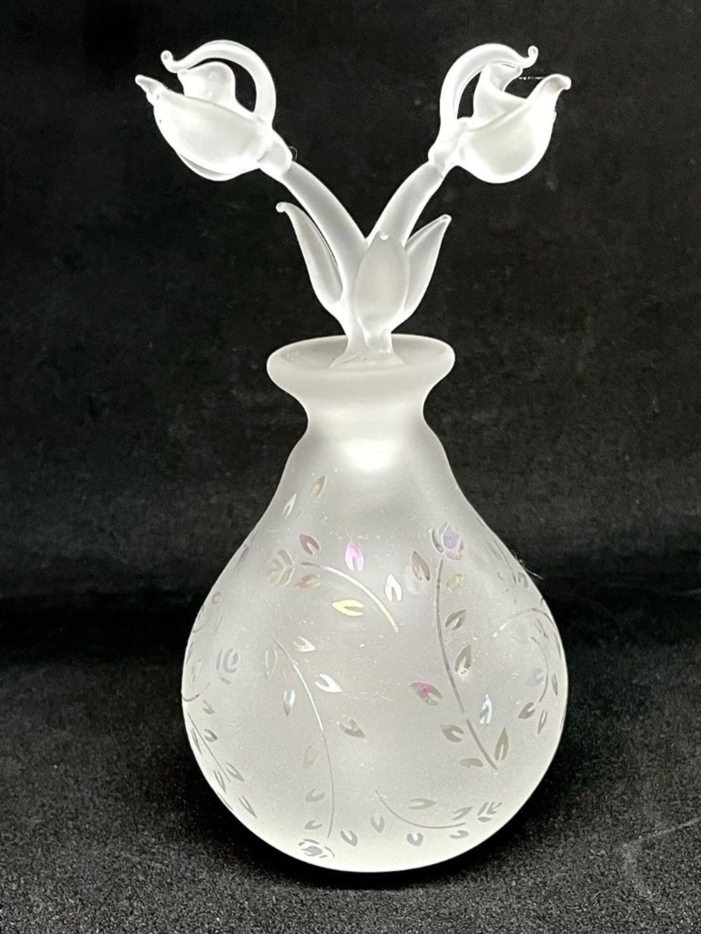 PERFUME BOTTLE GLASS ACT STUDIO Floral Stopper Frosted Glass, Iridescent Flowers